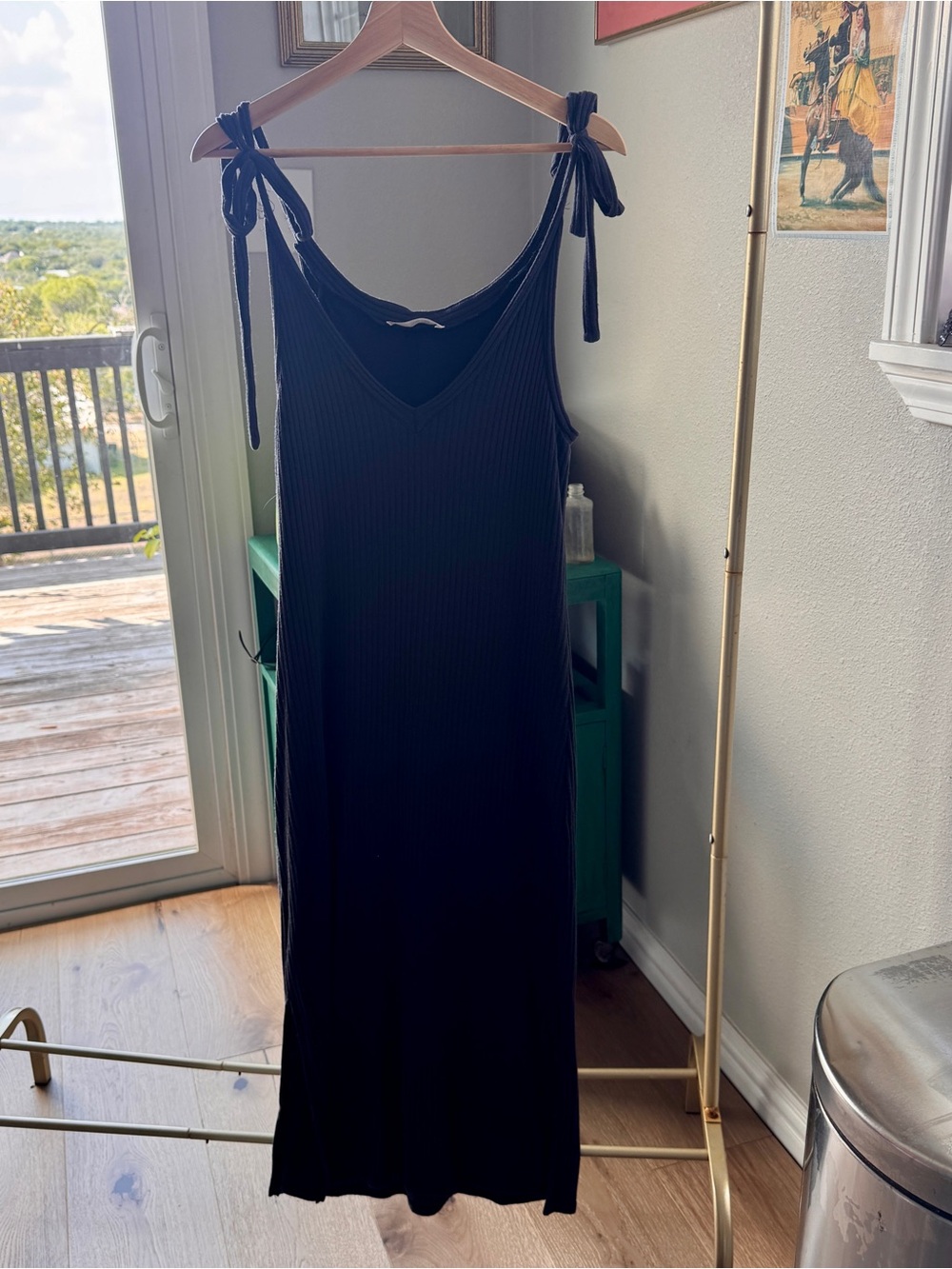 Navy Ribbed Tie-Shoulder Maxi Dress
